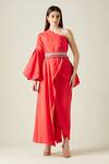 Buy_Aakaar_Red Silk Tissue Stones One Shoulder Tunic And Draped Pant Set_at_Aza_Fashions