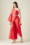 Buy_Aakaar_Red Silk Tissue Stones One Shoulder Tunic And Draped Pant Set_Online_at_Aza_Fashions