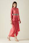Aakaar_Coral Moss Crepe Peplum Top And Draped Skirt Set_Online_at_Aza_Fashions
