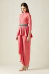 Buy_Aakaar_Coral Moss Crepe Peplum Top And Draped Skirt Set_Online_at_Aza_Fashions