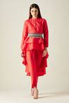Buy_Aakaar_Red Silk, Tissue Beads, Stones, Pearls Asymmetric Tunic And Draped Pant Set_at_Aza_Fashions