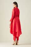 Shop_Aakaar_Red Silk, Tissue Beads, Stones, Pearls Asymmetric Tunic And Draped Pant Set_at_Aza_Fashions