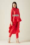 Aakaar_Red Silk, Tissue Beads, Stones, Pearls Asymmetric Tunic And Draped Pant Set_Online_at_Aza_Fashions