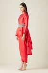 Buy_Aakaar_Red Silk, Tissue Beads, Stones, Pearls Asymmetric Tunic And Draped Pant Set_Online_at_Aza_Fashions