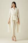 Buy_Aakaar_Ivory Moss Crepe Embroidery Pearls Lapel Asymmetric Tunic And Draped Pant Set _at_Aza_Fashions