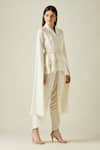 Aakaar_Ivory Moss Crepe Embroidery Pearls Lapel Asymmetric Tunic And Draped Pant Set _Online_at_Aza_Fashions