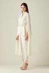 Buy_Aakaar_Ivory Moss Crepe Embroidery Pearls Lapel Asymmetric Tunic And Draped Pant Set _Online_at_Aza_Fashions