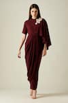 Buy_Aakaar_Wine Moss Crepe Embroidery Leather Round Draped Gown _at_Aza_Fashions