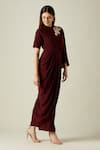 Aakaar_Wine Moss Crepe Embroidery Leather Round Draped Gown _Online_at_Aza_Fashions