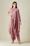 Buy_Aakaar_Pink Moss Crepe Embroidery Bead Work Mandarin Cowl Draped Tunic And Pant Set _at_Aza_Fashions