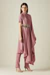 Aakaar_Pink Moss Crepe Embroidery Bead Work Mandarin Cowl Draped Tunic And Pant Set _Online_at_Aza_Fashions