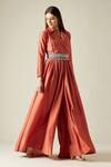 Buy_Aakaar_Orange Cotton Silk Embroidery Stones Notched Jumpsuit With Embellished Belt _Online_at_Aza_Fashions