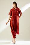 Buy_Aakaar_Orange Cotton Silk Embroidery Sequins Wide Asymmetric Tunic And Draped Pant Set _at_Aza_Fashions