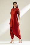 Buy_Aakaar_Orange Cotton Silk Embroidery Sequins Wide Asymmetric Tunic And Draped Pant Set _Online_at_Aza_Fashions