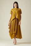 Buy_Aakaar_Yellow Cotton Silk Mandarin Collar Marigold Cowl Draped Dress _at_Aza_Fashions