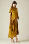 Aakaar_Yellow Cotton Silk Mandarin Collar Marigold Cowl Draped Dress _Online_at_Aza_Fashions