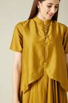 Shop_Aakaar_Yellow Cotton Silk Mandarin Collar Marigold Cowl Draped Dress _Online_at_Aza_Fashions