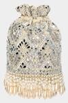 Shop_Aanchal Sayal_White Pearls, Sequins Gabriella Velvet Bucket Bag _at_Aza_Fashions