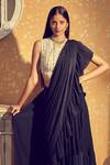 Buy_Bhumika Sharma_Black Satin Crepe Ruffle Saree With Embroidered Blouse_at_Aza_Fashions