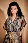 Shop_Gulabo by Abu Sandeep_Multi Color Cotton Printed Ajrakh V Neck And Embroidered Kaftan Tunic For Women_Online_at_Aza_Fashions