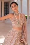 Shop_Sahil Kochhar_Pink Silk Organza V Neck Aziza Bridal Lehenga Set  _at_Aza_Fashions