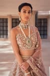 Sahil Kochhar_Pink Silk Organza V Neck Aziza Bridal Lehenga Set  _Online_at_Aza_Fashions