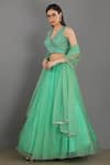 Shop Asaga Green Linen Satin Organza V Neck Embroidered Lehenga Set Online at Aza Fashions Shop_Asaga_Green Linen Satin Organza V Neck Embroidered Lehenga Set _Online_at_Aza_Fashions