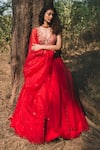 Buy_Asaga_Red Linen V Neck Embroidered Lehenga Set _at_Aza_Fashions