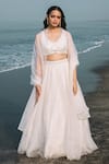 Buy_Asaga_White Linen V Neck Embroidered Lehenga Set _at_Aza_Fashions