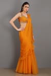 Asaga_Orange Chiffon Sweetheart Neck Ruffle Pre-draped Saree With Blouse _Online_at_Aza_Fashions