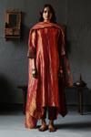 Buy_Shorshe Clothing_Red Kurta Handloom Tissue, Lining Shantoon, Pant Cotton Asymmetric And Set _at_Aza_Fashions