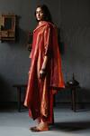 Shorshe Clothing_Red Kurta Handloom Tissue, Lining Shantoon, Pant Cotton Asymmetric And Set _Online_at_Aza_Fashions