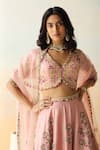 Buy_Aman Takyar_Pink Organza, Dupion Silk Cutdana, Floral, Sequin V Neck Embroidered Lehenga Set _Online_at_Aza_Fashions