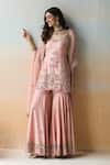 Shop_Aman Takyar_Pink Organza, Dupion Silk Cutdana, Floral, Sequin Embroidered Kurta Sharara Set _at_Aza_Fashions