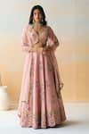 Aman Takyar_Pink Organza, Dupion Silk Cutdana, Floral, Sequin V Neck Embroidered Lehenga Set _Online_at_Aza_Fashions