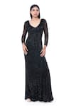 Buy_Ambrosia_Black 100% Nylon Mesh Cutdana, Sequin V Neck Hand Embroidered Gown_at_Aza_Fashions
