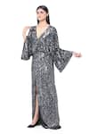 Buy_Ambrosia_Grey 100% Nylon Mesh Embroidered Sequin V Neck Hand Bell Sleeve Gown _at_Aza_Fashions