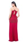 Shop_Ambrosia_Red 100% Nylon Mesh Checkered, Floral Keyhole Hand Embroidered Gown _at_Aza_Fashions