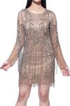 Ambrosia_Gold 100% Nylon Mesh Sequin Work, Beads Round Neck Fringe Embroidered Dress _Online_at_Aza_Fashions