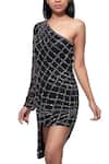 Ambrosia_Black 100% Nylon Mesh Sequin Work Asymmetric One Shoulder Dress_Online_at_Aza_Fashions