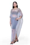 Buy_Ambrosia_Purple 100% Nylon Mesh Abstract, Beads Boat Neck Asymmetric Embroidered Kaftan _at_Aza_Fashions