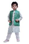 Buy_Tiny Colour_Green Cotton Embroidery Block Print Kurta Set With Bundi _at_Aza_Fashions