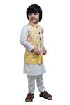 Tiny Colour_Yellow , Satin Embroidery Block Print Bundi And Kurta Set _Online_at_Aza_Fashions
