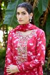 Buy_Atelier Shikaarbagh_Red Organza, Satin Embroidery Round Neck Yoke Kurta Churidar Set _Online_at_Aza_Fashions