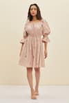 Meadow_Pink Cotton Poplin Floral Square Neck Aurora Embroidered Dress _Online_at_Aza_Fashions