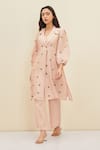 Buy_Meadow_Pink Silk Embroidered Floral Notched Collar Aurora Tunic And Pant Set  _at_Aza_Fashions