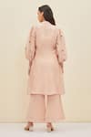 Shop_Meadow_Pink Silk Embroidered Floral Notched Collar Aurora Tunic And Pant Set  _at_Aza_Fashions