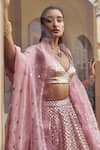 Pankaj & Nidhi_Pink Blouse Tulle Embroidery V Neck Embellished Bridal Lehenga Set  _Online_at_Aza_Fashions