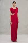 Arpan Vohra Red Georgette V Neck Pre-draped Saree With Blouse Online at Aza Fashions Arpan Vohra_Red Georgette V Neck Pre-draped Saree With Blouse _Online_at_Aza_Fashions