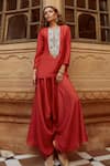 Buy_Avacara_Red Silk Hand Embroidered Dori Work Round V Kurta And Dhoti Pant Set  _at_Aza_Fashions